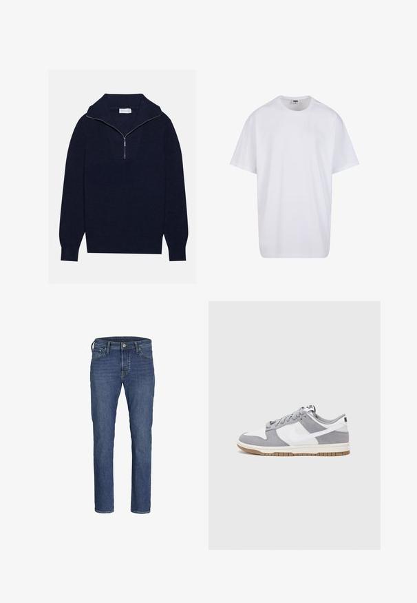 Námorně modrý pletený svetr s polo zipem na límci, s vroubkovanou texturou a V-šikmým designem na přední straně. Dlouhé rukávy a přiléhavý lem.; Bílé triko z bavlny s krátkým rukávem, kulatým výstřihem, volným střihem a bez viditelných log či vzorů. Hladká textura a minimalistický design.; Pánské modré džíny z denimu s přímým střihem, pěti kapsami a klasickým zapínáním na knoflík a zip.; Tenisky Nike mají šedý semišový a bílý kožený svršek s perforacemi, kulaté tkaničky a gumovou podrážku pro lepší trakci.