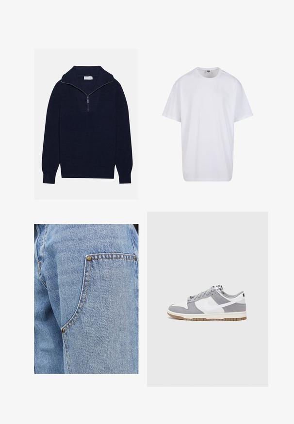 Maglione a maglia blu navy con colletto a mezza zip, caratterizzato da una texture a coste e un design a forma di V nella parte anteriore. Maniche lunghe e orlo aderente.; Maglietta bianca in cotone con maniche corte, scollatura rotonda, vestibilità comoda e senza loghi o motivi visibili. Texture liscia e design minimale.; Jeans in denim azzurro chiaro con cuciture a contrasto, dotati di una tasca frontale accentuata da rivetti in metallo e una finitura morbida e strutturata.; Sneaker grigia e bianca con tomaia in suede e pelle, punta arrotondata, lacci piatti e soletta in gomma con un accento color caramello.
