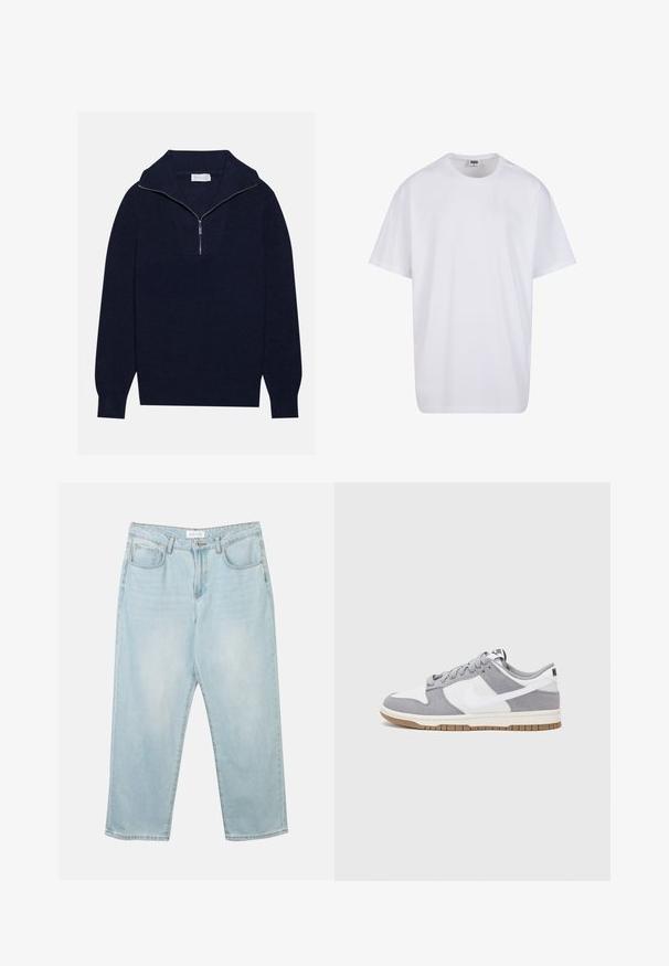 Maglione a maglia blu navy con colletto a mezza zip, caratterizzato da una texture a coste e un design a forma di V nella parte anteriore. Maniche lunghe e orlo aderente.; Maglietta bianca in cotone con maniche corte, scollatura rotonda, vestibilità comoda e senza loghi o motivi visibili. Texture liscia e design minimale.; Jeans in denim azzurro chiaro con una vestibilità comoda, cinque tasche, chiusura con bottone e leggera scoloritura. La texture è liscia e leggermente usurata.; Sneaker grigia e bianca con tomaia in suede e pelle, punta arrotondata, lacci piatti e soletta in gomma con un accento color caramello.