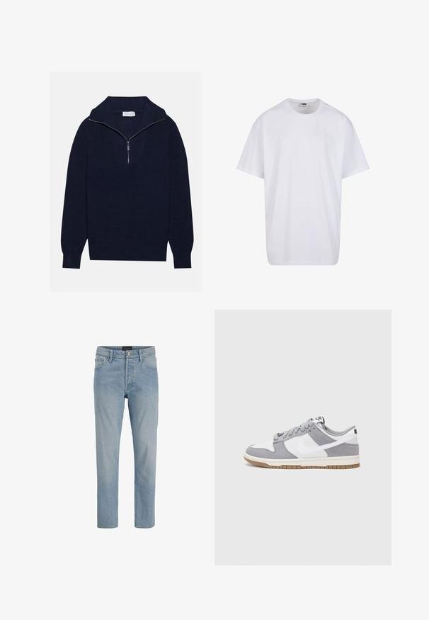 Tamsiai mėlynas megztinis su pusiau užtrauktuku, su įribuoto paviršiaus tekstūra ir V formos dizainu priekyje. Ilgos rankovės ir prigludęs apatinis kraštas.; Balta medvilninė marškinėlių užsagėlė su trumpomis rankovėmis, apvaliu kaklu, laisva forma ir be matomų logotipų ar raštų. Lygi tekstūra ir minimalus dizainas.; Šviesiai mėlyni džinsai su tiesiu kirpimu, penkių kišenių dizainu, mygtuko uždarymu ir šiek tiek išblukusia apdaila.; Nike sportbačiai turi pilką zomšinį ir baltą odinį viršų su perforacijomis, apvaliais raišteliais ir gumine padų danga sukibimui.