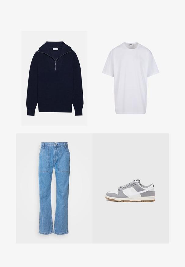 Granatowy sweter wełniany z połową suwaka, z prążkowaną fakturą i V-kształtnym wzorem z przodu. Długie rękawy i dopasowany dół.; Biała bawełniana koszulka z krótkimi rękawami, okrągłym dekoltem, luźnym krojem i bez widocznych logo lub wzorów. Gładka tekstura i minimalistyczny design.; Jasnoniebieskie dżinsy o luźnym kroju, z dwoma przednimi kieszeniami, zapięciem na guzik oraz widocznymi detalami w szwie.; Sneakersy Nike mają szarą cholewkę z zamszu i białej skóry z perforacjami, okrągłe sznurowadła oraz gumową podeszwę zapewniającą przyczepność.