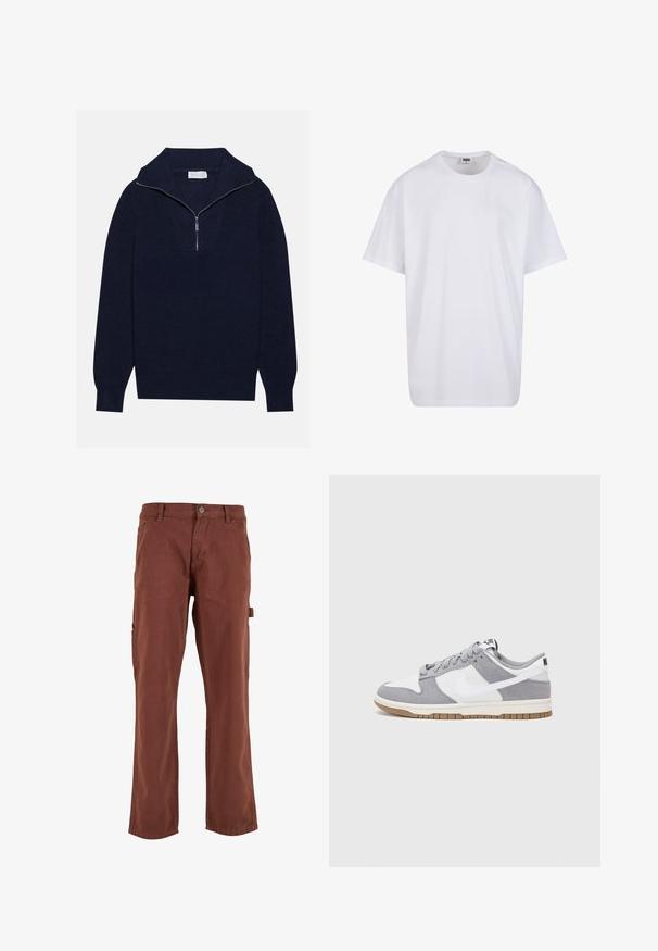 Tengerészkék kötött pulóver félcipzáros gallérral, bordás textúrával és V-alakú mintával az elején. Hosszú ujjú és testhez simuló szegéllyel rendelkezik.; Fehér pamut póló rövid ujjal, kerek nyakú, laza szabású, és nincsenek látható logók vagy minták. Simább textúra és minimalista dizájn.; Barna cargo nadrág egyenes lábbal, tartós anyagból készült. Oldalsó zsebekkel és gombos záródással rendelkezik a derékrészen.; Szürke és fehér sportcipő, velúr és bőr felsőrésszel, kerek orral, lapos fűzőkkel és gumitalppal, amelyen rágógumi színű díszítés található.