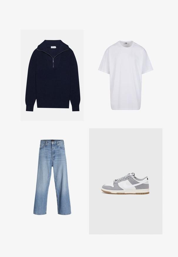 Mornarsko modra pletena pulover s polovico zadrge, ki se ponaša z rebrasto strukturo in V-obliko na sprednji strani. Dolgi rokavi in prilagojen rob.; Bela bombažna majica s kratkimi rokavi, okroglim izrezom, sproščenim krojem in brez vidnih logotipov ali vzorcev. Gladka tekstura in minimalen dizajn.; Svijetloplavi traper širokih nogavica s visokim strukom, s kopčanjem na dugme, dizajnom od pet džepova i suptilnim izbljeđivanjem. Čiste završne obrube.; Sive in bele teniske s suknim in usnjem zgornjim delom, zaobljenim nosom, ravnimi vezalkami in gumijastim podplatom z dodatkom gumijaste barve.