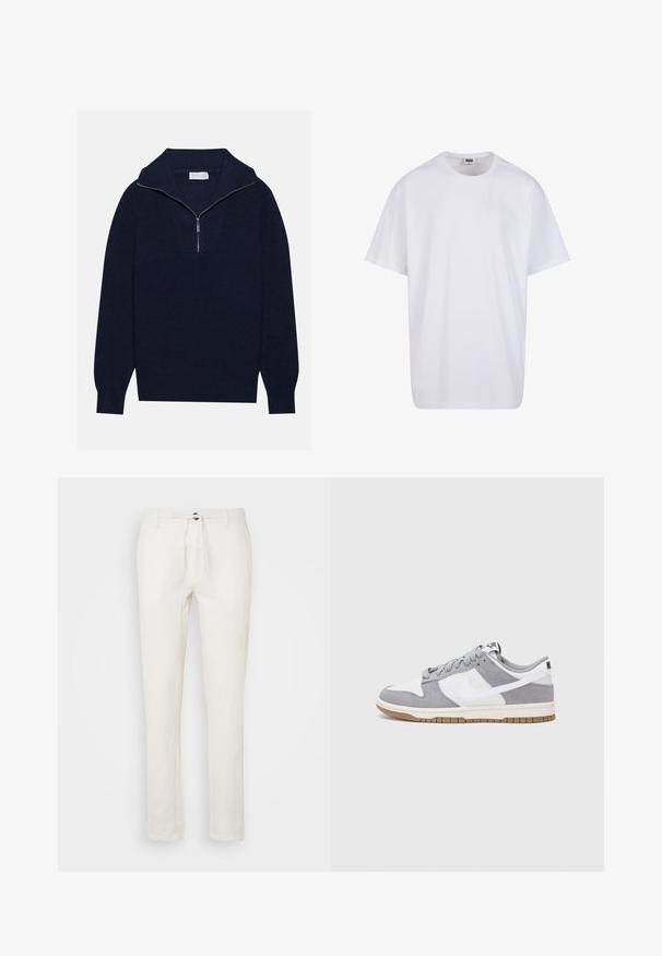 Tengerészkék kötött pulóver félcipzáros gallérral, bordás textúrával és V-alakú mintával az elején. Hosszú ujjú és testhez simuló szegéllyel rendelkezik.; Fehér pamut póló rövid ujjal, kerek nyakú, laza szabású, és nincsenek látható logók vagy minták. Simább textúra és minimalista dizájn.; Fehér vászon nadrág, húzózsinórral a deréknál, egyenes szárú kialakítással és finom textúrával. Nincsenek látható zsebek vagy minták.; Szürke és fehér sportcipő, velúr és bőr felsőrésszel, kerek orral, lapos fűzőkkel és gumitalppal, amelyen rágógumi színű díszítés található.
