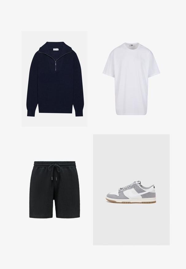 Mornarsko modra pletena pulover s polovico zadrge, ki se ponaša z rebrasto strukturo in V-obliko na sprednji strani. Dolgi rokavi in prilagojen rob.; Bela bombažna majica s kratkimi rokavi, okroglim izrezom, sproščenim krojem in brez vidnih logotipov ali vzorcev. Gladka tekstura in minimalen dizajn.; Črne teksturirane kratke hlače z vaflasto vzorcem, elastičnim pasom in vrvico. Ima stranske žepe; lahkotna zasnova je primerna za sproščeno nošenje.; Sive in bele teniske s suknim in usnjem zgornjim delom, zaobljenim nosom, ravnimi vezalkami in gumijastim podplatom z dodatkom gumijaste barve.