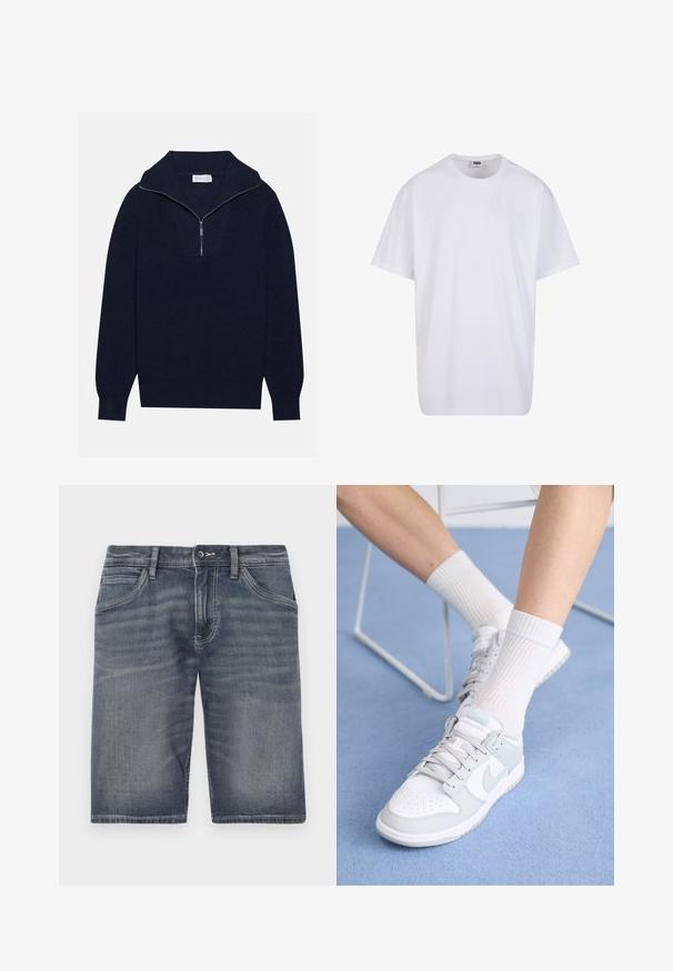 Dunkelblaues Strickpullover mit einem halben Reißverschluss-Kragen, der eine gerippte Textur und ein V-förmiges Design auf der Vorderseite bietet. Lange Ärmel und taillierter Saum.; Weiße Baumwoll-T-Shirt mit kurzen Ärmeln, rundem Ausschnitt, lockerer Passform und ohne sichtbare Logos oder Muster. Glatte Textur und minimalistisches Design.; Denim-Shorts in einem verblassten blauen Farbton, mit einem Knopf- und Reißverschlussverschluss, fünf Taschen und sichtbarem Steppdetail.; Weiße Sneakers mit hellblauen Akzenten, Obermaterial aus Leder, perforierte Zehenpartie, dicke Schnürsenkel und gerippte weiße Socken vor einem blauen Hintergrund.
