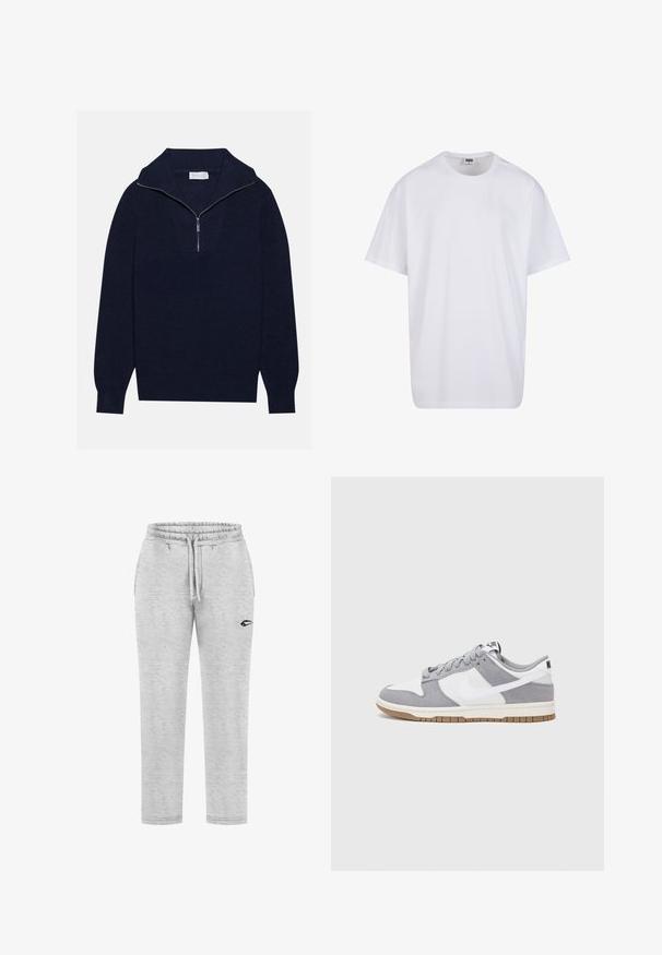 Dunkelblaues Strickpullover mit einem halben Reißverschluss-Kragen, der eine gerippte Textur und ein V-förmiges Design auf der Vorderseite bietet. Lange Ärmel und taillierter Saum.; Weiße Baumwoll-T-Shirt mit kurzen Ärmeln, rundem Ausschnitt, lockerer Passform und ohne sichtbare Logos oder Muster. Glatte Textur und minimalistisches Design.; Hellgraue Jogginghose aus weichem Stoff mit einem elastischen Bund, verstellbarem Kordelzug und einem schwarzen Logo am linken Oberschenkel.; Nike-Sneaker verfügen über ein graues Wildleder- und weißes Lederoberteil mit Perforationen, runden Schnürsenkeln und einer Gummisohle für besseren Halt.