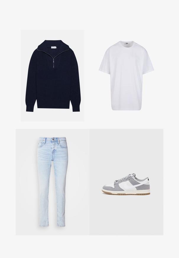 Pull en maille bleu marine avec un col zippé à moitié, présentant une texture côtelée et un design en V sur le devant. Manches longues et ourlet ajusté.; T-shirt en coton blanc avec des manches courtes, un col rond, une coupe décontractée et sans logos ni motifs visibles. Texture lisse et design minimaliste.; Jean en denim bleu clair avec une coupe slim, design à cinq poches et fermeture à bouton. Présente un léger délavage et une coupe droite.; Baskets grises et blanches avec un dessus en suède et cuir, bout rond, lacets plats et semelle en caoutchouc avec une touche de gomme.