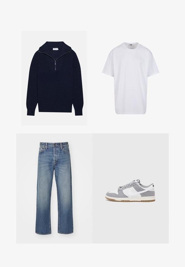 Mornarsko modra pletena pulover s polovico zadrge, ki se ponaša z rebrasto strukturo in V-obliko na sprednji strani. Dolgi rokavi in prilagojen rob.; Bela bombažna majica s kratkimi rokavi, okroglim izrezom, sproščenim krojem in brez vidnih logotipov ali vzorcev. Gladka tekstura in minimalen dizajn.; Svetlo modri kavbojki z ohlapnim krojem, ravnimi hlačnicami, petimi žepi in gumbom za zapiranje na pasu.; Sive in bele teniske s suknim in usnjem zgornjim delom, zaobljenim nosom, ravnimi vezalkami in gumijastim podplatom z dodatkom gumijaste barve.