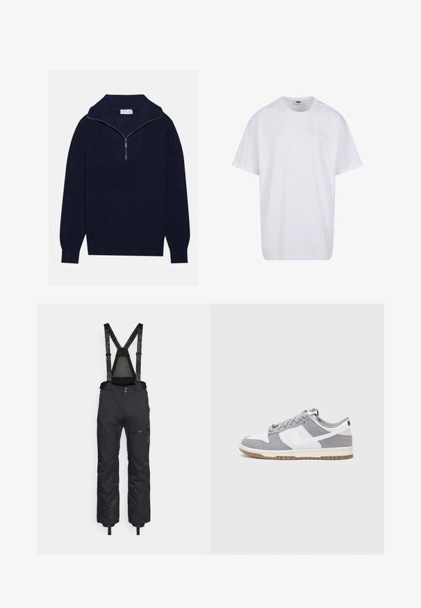 Navy blue knit sweater with a half-zip collar, featuring ribbed texture and a V-shaped design on the front. Long sleeves and fitted hem.; White cotton t-shirt with short sleeves, rounded neckline, relaxed fit, and no visible logos or patterns. Smooth texture and minimal design.; Spyder DARE PANTS LENGTHS - Ski pants - black; Nike sneakers feature a gray suede and white leather upper with perforations, round laces, and a gum sole for traction.