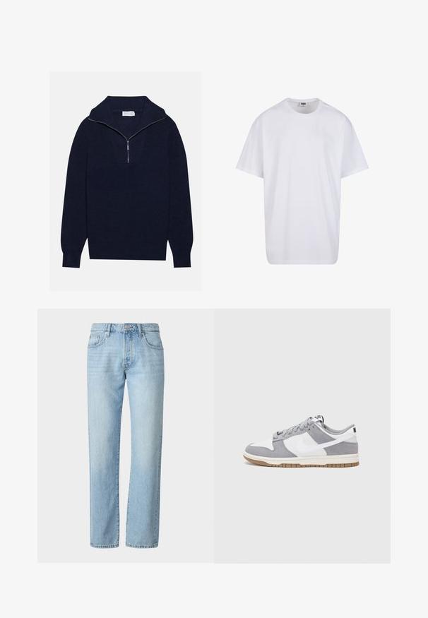 Tengerészkék kötött pulóver félcipzáros gallérral, bordás textúrával és V-alakú mintával az elején. Hosszú ujjú és testhez simuló szegéllyel rendelkezik.; Fehér pamut póló rövid ujjal, kerek nyakú, laza szabású, és nincsenek látható logók vagy minták. Simább textúra és minimalista dizájn.; Világoskék farmernadrág egyenes szabással, klasszikus ötpocket dizájnnal, és finom elhalványulásokkal az anyagon.; A Nike tornacipők szürke velúr és fehér bőr felsőrésszel rendelkeznek, perforációkkal, kerek fűzőkkel és gumitalppal a tapadás érdekében.