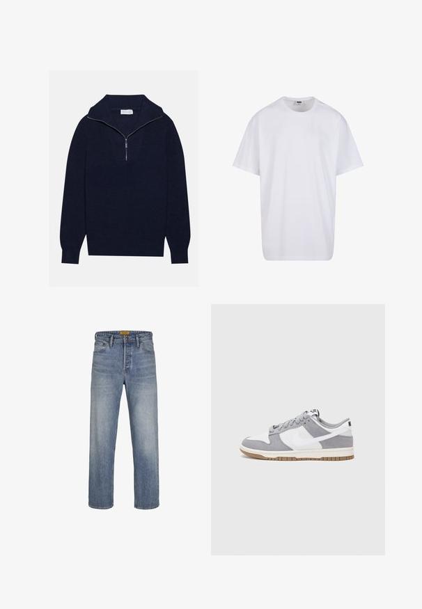 Dunkelblaues Strickpullover mit einem halben Reißverschluss-Kragen, der eine gerippte Textur und ein V-förmiges Design auf der Vorderseite bietet. Lange Ärmel und taillierter Saum.; Weiße Baumwoll-T-Shirt mit kurzen Ärmeln, rundem Ausschnitt, lockerer Passform und ohne sichtbare Logos oder Muster. Glatte Textur und minimalistisches Design.; Himmelblaue Gerade-Jeans aus Denim mit einer gewaschenen Optik, fünf Taschen, Gürtelschlaufen und einem Reißverschluss mit Knopfverschluss.; Graue und weiße Sneaker mit einem Obermaterial aus Wildleder und Leder, abgerundeter Spitze, flachen Schnürsenkeln und einer Gummisohle mit einem Kautschukakzent.