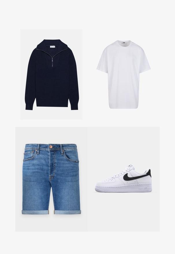 Merseyblu flettefleece med halv glidelås i kragen, med ribbestruktur og et V-formet design på forsiden. Lange ermer og tettsittende hem.; Valkoinen puuvillainen t-paita, jossa on lyhyet hihat, pyöreä kaula-aukko, rento istuvuus ja ei näkyviä logoja tai kuvioita. Sileä pinta ja minimaalinen muotoilu.; Farkkushortsit keskipitkässä sinisessä sävyssä, käännetyt lahkeet, viisi taskua, messinkinen nappisulku ja erottuva ompelu.; Valkoinen nahkakenkä, jossa on teksturoitu musta Swoosh, litteät nauhat ja kumipohja, jossa on uritettu malli. "AIR" on painettu kantapään kohdalle.