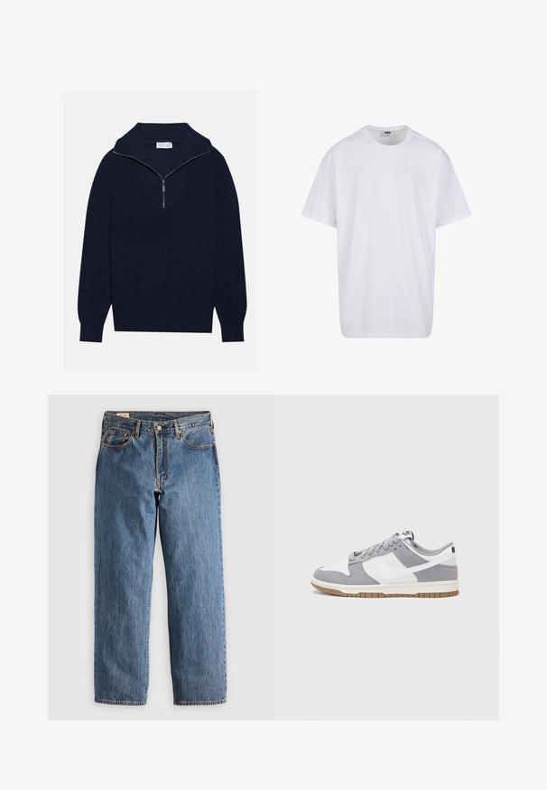 Mörkblå stickad tröja med halvdragkedja i kragen, med ribbad textur och ett V-format mönster på framsidan. Långa ärmar och figursydd nederkant.; Vit bomull t-shirt med korta ärmar, rundad halsringning, avslappnad passform och utan synliga logotyper eller mönster. Slät textur och minimal design.; Blå denimjeans med rak snitt, med hög midja, kopparnitar och orange sömmar. Fram- och bakfickor ingår.; Nike-sneakers har en grå mocka- och vit läderoverdel med perforeringar, runda snören och en sula i gummi för grepp.