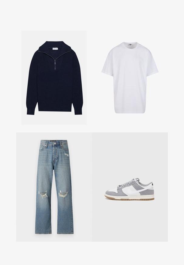 Navy blue knit sweater with a half-zip collar, featuring ribbed texture and a V-shaped design on the front. Long sleeves and fitted hem.; White cotton t-shirt with short sleeves, rounded neckline, relaxed fit, and no visible logos or patterns. Smooth texture and minimal design.; Light blue denim jeans with a straight leg design. They feature two torn knee openings and a classic zip fly with a button closure.; Nike sneakers feature a gray suede and white leather upper with perforations, round laces, and a gum sole for traction.