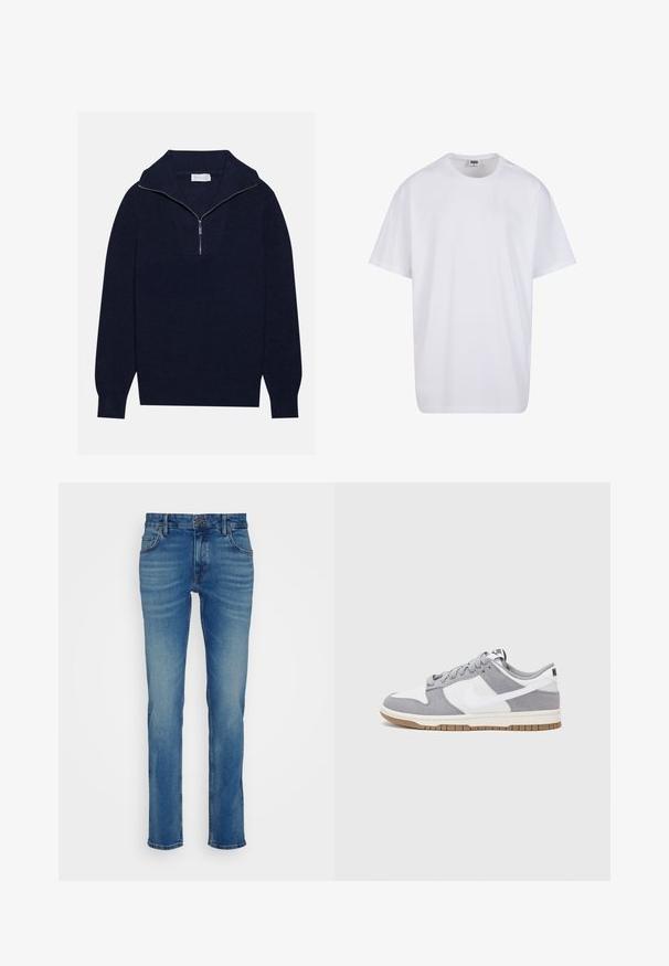 Mornarčasto plavi pleteni pulover s polu-zip ovratnikom, s rebrastom teksturom i dizajnom u obliku slova V na prednjoj strani. Dugi rukavi i prilagođeni rub.; Bijela pamučna majica s kratkim rukavima, zaobljenim izrezom, opuštenog kroja, bez vidljivih logotipa ili uzoraka. Glatka tekstura i minimalni dizajn.; Plave traperice s ravnim nogavicama, pet džepova i zakopčanim strukom uz blago izbljeđivanje i detalje brisanja.; Nike tenisice imaju gornji dio od sive brušene kože i bijele kože s perforacijama, okrugle vezice i gumeni potplat za prianjanje.