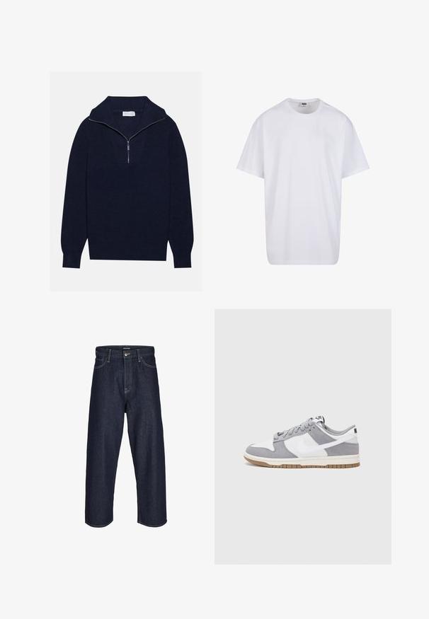 Tums zilas adītas džemperis ar pusi rāvējslēdzēja apkakli, ar ribota raksta tekstūru un V-veida dizainu priekšā. Garas piedurknes un pieguļošs apakšmalas. ; Balta kokvilnas T-kreklu ar īsām piedurknēm, apaļu kakla izgriezumu, brīvu piegriezumu un bez redzamām logo vai rakstiem. Gluda tekstūra un minimālistisks dizains.; Tumši zili džinsu platā kāju bikses ar vidēju jostas augstumu, kurām ir dzeltenās šuves, priekšējais pogu aizdare un klasiskā piecu kabatu dizains.; Pelēki un balti sporta apavi ar zamšādas un ādas virsu, noapaļota purngala, plakaniem šņorēm un gumijas zoli ar gumijas akcentu.