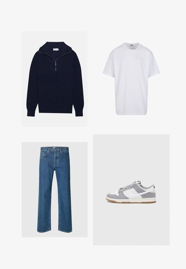 Námorně modrý pletený svetr s polo zipem na límci, s vroubkovanou texturou a V-šikmým designem na přední straně. Dlouhé rukávy a přiléhavý lem.; Bílé triko z bavlny s krátkým rukávem, kulatým výstřihem, volným střihem a bez viditelných log či vzorů. Hladká textura a minimalistický design.; Modré džíny z denimu s rovnými nohavicemi, obsahující pět kapes, zapínání na knoflíky a viditelné detaily šití.; Šedé a bílé tenisky s svrškem z jemné kůže a kůže, kulatou špičkou, plochými tkaničkami a gumovou podrážkou s akcentem v barvě gumy.