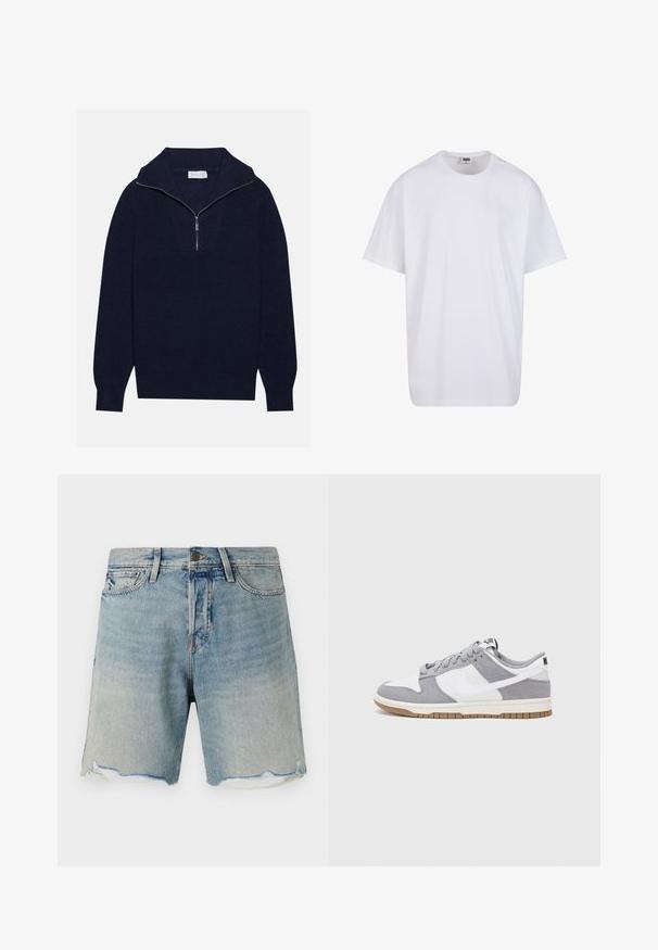 Mornarsko modra pletena pulover s polovico zadrge, ki se ponaša z rebrasto strukturo in V-obliko na sprednji strani. Dolgi rokavi in prilagojen rob.; Bela bombažna majica s kratkimi rokavi, okroglim izrezom, sproščenim krojem in brez vidnih logotipov ali vzorcev. Gladka tekstura in minimalen dizajn.; Denim kratke hlače v svetlo modri barvi z zbledelim zaključkom. Imajo raztrgan rob in standardno zasnovo s petimi žepi. Kovinsko gumbno zapiranje v pasu.; Sive in bele teniske s suknim in usnjem zgornjim delom, zaobljenim nosom, ravnimi vezalkami in gumijastim podplatom z dodatkom gumijaste barve.