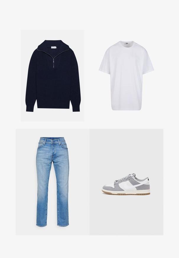 Pulover tricotat de culoare albastru marin, cu guler cu jumătate de fermoar, având o textură ribbed și un design în formă de V pe față. Mâneci lungi și tiv ajustat.; Tricou alb din bumbac cu mâneci scurte, decolteu rotund, croială lejeră și fără logo-uri sau modele vizibile. Textură netedă și design minimalist.; Jeans din denim de culoare albastră deschisă, cu un design cu picioare drepte, având talie înaltă, cinci buzunare și cusături contrastante pe margini.; Sneaker gri și alb, cu un superior din suede și piele, vârf rotund, șireturi plate și o talpă din cauciuc ce prezintă un accent de culoare gum.