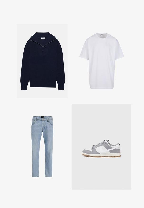 Pulover tricotat de culoare albastru marin, cu guler cu jumătate de fermoar, având o textură ribbed și un design în formă de V pe față. Mâneci lungi și tiv ajustat.; Tricou alb din bumbac cu mâneci scurte, decolteu rotund, croială lejeră și fără logo-uri sau modele vizibile. Textură netedă și design minimalist.; Blugi din denim de culoare albastru deschis, cu o croială slim, design cu cinci buzunare, textură ușor estompată și accesorii metalice la fermoar și închidere cu buton.; Sneaker gri și alb, cu un superior din suede și piele, vârf rotund, șireturi plate și o talpă din cauciuc ce prezintă un accent de culoare gum.