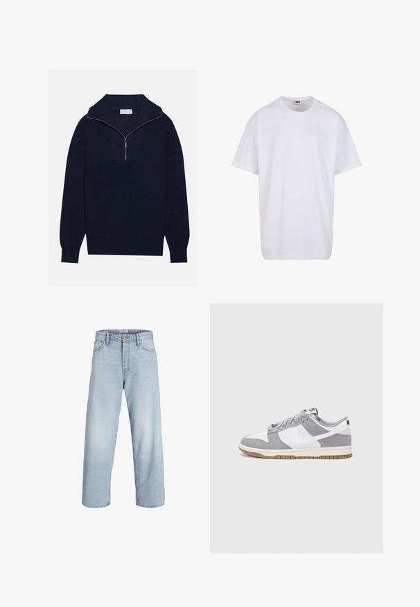 Tumed sinise kudumisega sviiter poole luku kaelusega, mis sisaldab ribakujulist tekstuuri ja V-kujulist disaini esiosas. Pikad varrukad ja kitsasäär.; Valge puuvillane t-särk lühikeste varrukatega, ümmarguse kaelusega, lõdva lõikega ja ilma nähtavate logodeta või mustriteta. Sile tekstuur ja minimaalne disain.; Heledad sinine teksapüksid kõrge vöökohaga, laiade jalgade ja sirge lõikega. Funktsioonid klassikaline nupu sulgemine ja viie tasku disain.; Nike'i tossudel on hallist seemisnahast ja valgest nahast pealiskate, millel on perforatsioonid, ümmargused paelad ning haarduvusega kummist tald.