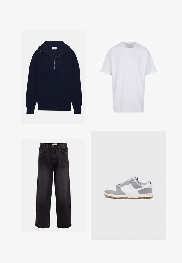 Granatowy sweter wełniany z połową suwaka, z prążkowaną fakturą i V-kształtnym wzorem z przodu. Długie rękawy i dopasowany dół.; Biała bawełniana koszulka z krótkimi rękawami, okrągłym dekoltem, luźnym krojem i bez widocznych logo lub wzorów. Gładka tekstura i minimalistyczny design.; Czarne dżinsy denimowe o szerokim kroju, z pięcioma kieszeniami, materiałowym paskiem i subtelnym logo przy kolanie.; Szare i białe trampki z zamszową i skórzaną cholewą, okrągłym noskiem, płaskimi sznurówkami i gumową podeszwą z akcentem w kolorze gumy.