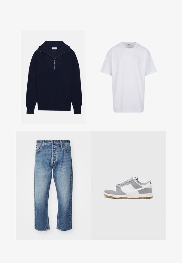 Mornarsko modra pletena pulover s polovico zadrge, ki se ponaša z rebrasto strukturo in V-obliko na sprednji strani. Dolgi rokavi in prilagojen rob.; Bela bombažna majica s kratkimi rokavi, okroglim izrezom, sproščenim krojem in brez vidnih logotipov ali vzorcev. Gladka tekstura in minimalen dizajn.; Denim jeans v svetlo modri barvi s pustim zaključkom. Imajo ravno krojenje, pet žepov in srebrno zaponko.; Sive in bele teniske s suknim in usnjem zgornjim delom, zaobljenim nosom, ravnimi vezalkami in gumijastim podplatom z dodatkom gumijaste barve.