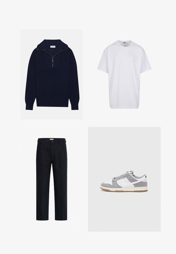 Navy blue knit sweater with a half-zip collar, featuring ribbed texture and a V-shaped design on the front. Long sleeves and fitted hem.; White cotton t-shirt with short sleeves, rounded neckline, relaxed fit, and no visible logos or patterns. Smooth texture and minimal design.; Dark pinstriped trousers featuring a straight-leg design, button closure, and tailored pleats, made from a textured fabric.; Nike sneakers feature a gray suede and white leather upper with perforations, round laces, and a gum sole for traction.