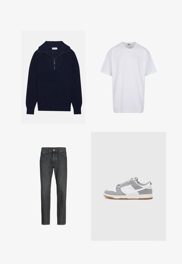 Mörkblå stickad tröja med halvdragkedja i kragen, med ribbad textur och ett V-format mönster på framsidan. Långa ärmar och figursydd nederkant.; Vit bomull t-shirt med korta ärmar, rundad halsringning, avslappnad passform och utan synliga logotyper eller mönster. Slät textur och minimal design.; Svarta jeans i denim med rak benform, med fem fickor, framknäppning med knapp och dragkedja samt diskreta sömnadsdetaljer.; Grå och vit sneakers med överdel i mocka och läder, rund tå, platta snören och en gummisula med ett accent i gummi.
