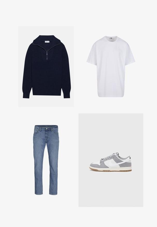 Námorně modrý pletený svetr s polo zipem na límci, s vroubkovanou texturou a V-šikmým designem na přední straně. Dlouhé rukávy a přiléhavý lem.; Bílé triko z bavlny s krátkým rukávem, kulatým výstřihem, volným střihem a bez viditelných log či vzorů. Hladká textura a minimalistický design.; Světle modré džínové kalhoty s rovnými nohavicemi, pěti kapsami a předním zapínáním na knoflík s kontrastním prošitím.; Tenisky Nike mají šedý semišový a bílý kožený svršek s perforacemi, kulaté tkaničky a gumovou podrážku pro lepší trakci.