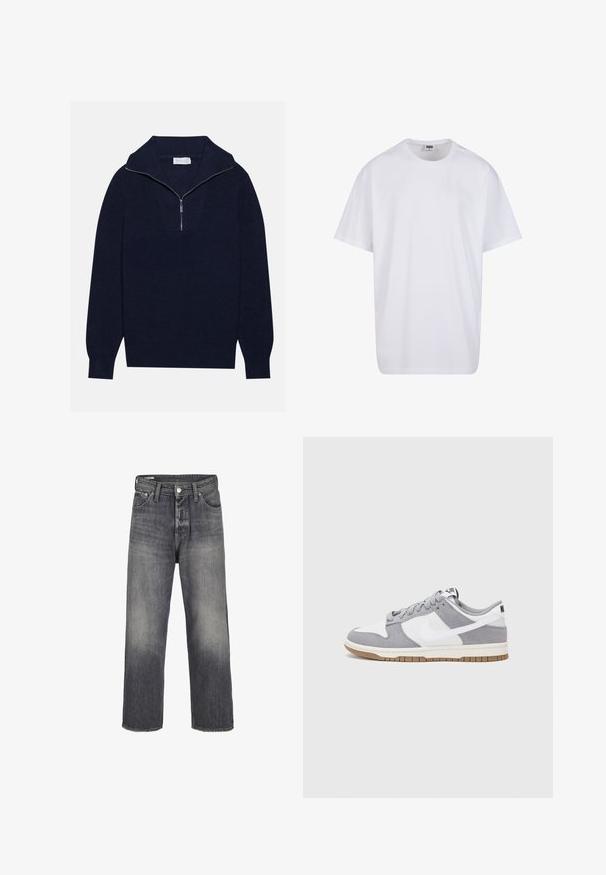 Pull en maille bleu marine avec un col zippé à moitié, présentant une texture côtelée et un design en V sur le devant. Manches longues et ourlet ajusté.; T-shirt en coton blanc avec des manches courtes, un col rond, une coupe décontractée et sans logos ni motifs visibles. Texture lisse et design minimaliste.; Jeans en denim de couleur noir délavé, avec une coupe droite, un style à cinq poches et une fermeture à bouton en métal à la taille.; Baskets grises et blanches avec un dessus en suède et cuir, bout rond, lacets plats et semelle en caoutchouc avec une touche de gomme.