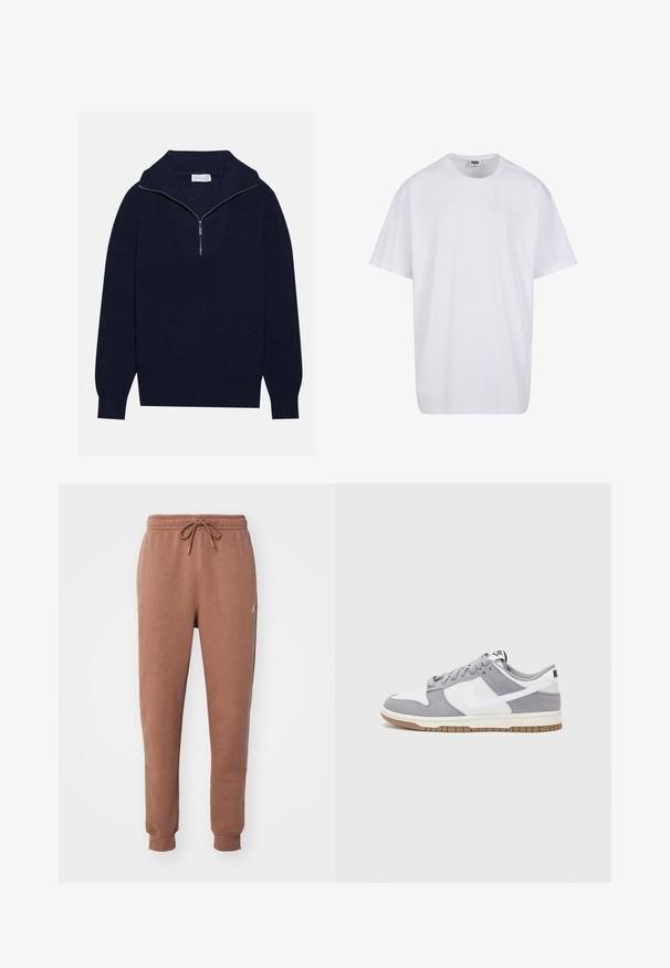 Marineblauwe gebreide trui met een halve ritssluiting, voorzien van een ribbelstructuur en een V-vormig ontwerp op de voorkant. Lange mouwen en een aansluitende zoom.; Witte katoenen t-shirt met korte mouwen, ronde hals, relaxte pasvorm en zonder zichtbare logo's of patronen. Gladde textuur en minimalistisch ontwerp.; Bruine joggerbroeken van een zachte jersey stof. Voorzien van een elastische tailleband met een trekkoord en boorden bij de enkels. Witte logo-accent.; Nike sneakers hebben een bovenzijde van grijs suède en wit leer met perforaties, ronde veters en een gum zool voor grip.