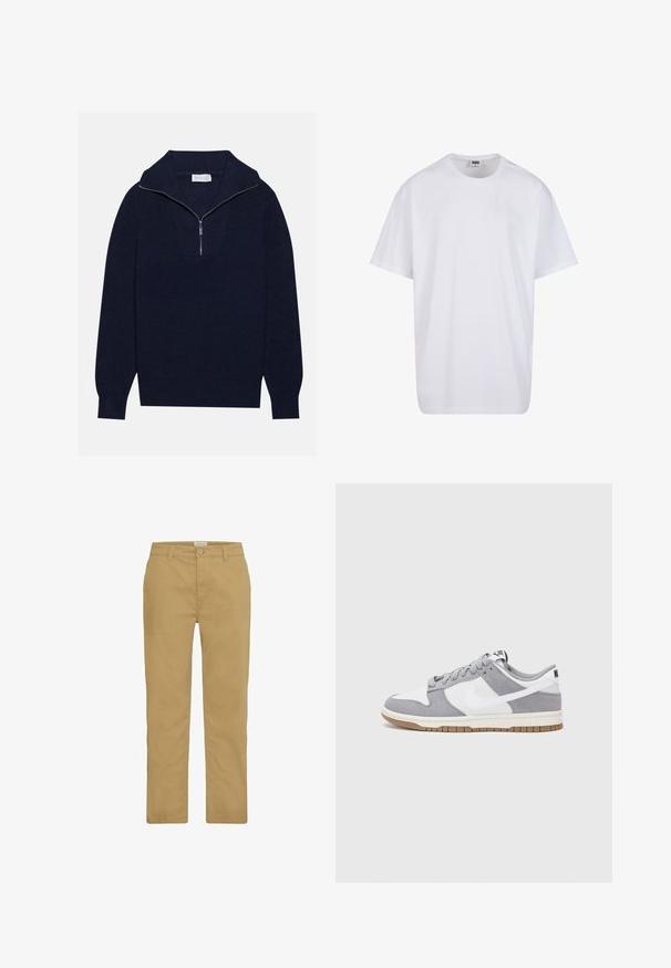Tums zilas adītas džemperis ar pusi rāvējslēdzēja apkakli, ar ribota raksta tekstūru un V-veida dizainu priekšā. Garas piedurknes un pieguļošs apakšmalas. ; Balta kokvilnas T-kreklu ar īsām piedurknēm, apaļu kakla izgriezumu, brīvu piegriezumu un bez redzamām logo vai rakstiem. Gluda tekstūra un minimālistisks dizains.; Kaki chinos iz kokvilnas, ar taisnu kāju piegriezumu, pogu aizdari un klasisku četru kabatu stilu. Gluda tekstūra un minimāla šuve.; Pelēki un balti sporta apavi ar zamšādas un ādas virsu, noapaļota purngala, plakaniem šņorēm un gumijas zoli ar gumijas akcentu.