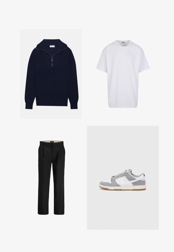 Pull en maille bleu marine avec un col zippé à moitié, présentant une texture côtelée et un design en V sur le devant. Manches longues et ourlet ajusté.; T-shirt en coton blanc avec des manches courtes, un col rond, une coupe décontractée et sans logos ni motifs visibles. Texture lisse et design minimaliste.; Pantalons noirs ajustés avec un devant plat, deux poches latérales, une texture lisse et une coupe droite. Comprend des passants de ceinture pour un style supplémentaire.; Baskets grises et blanches avec un dessus en suède et cuir, bout rond, lacets plats et semelle en caoutchouc avec une touche de gomme.