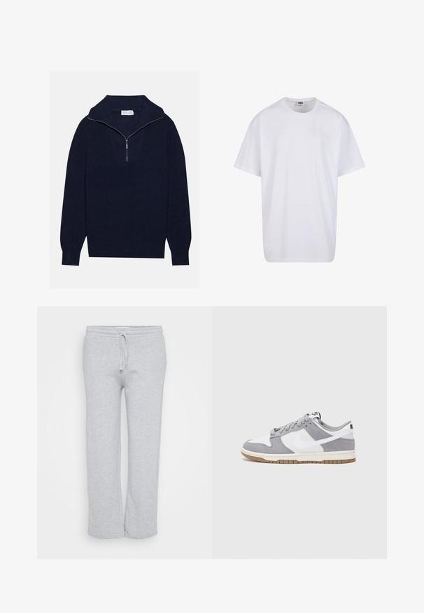 Tumed sinise kudumisega sviiter poole luku kaelusega, mis sisaldab ribakujulist tekstuuri ja V-kujulist disaini esiosas. Pikad varrukad ja kitsasäär.; Valge puuvillane t-särk lühikeste varrukatega, ümmarguse kaelusega, lõdva lõikega ja ilma nähtavate logodeta või mustriteta. Sile tekstuur ja minimaalne disain.; Heledad hallhalli, mis on valmistatud pehmest kangast, elastse vöökohtadega ja paelaga, sirge jalaga disainiga ning küljetaskutega.; Halli ja valge tennis鞋, millel on nubuk- ja nahkdetailid, ümar varvas, lamedad nöörid ning kummist tald, millel on kola aktsent.