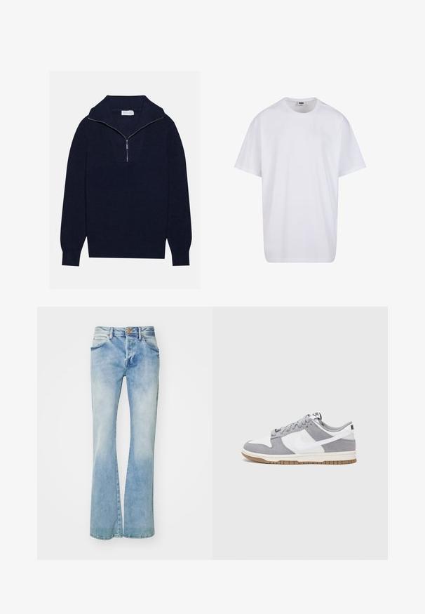 Merseyblu flettefleece med halv glidelås i kragen, med ribbestruktur og et V-formet design på forsiden. Lange ermer og tettsittende hem.; Valkoinen puuvillainen t-paita, jossa on lyhyet hihat, pyöreä kaula-aukko, rento istuvuus ja ei näkyviä logoja tai kuvioita. Sileä pinta ja minimaalinen muotoilu.; Vaaleansiniset leveälahkeiset farkut, jotka on valmistettu denimistä ja joissa on haalistunut pesu, etutaskut, vyölenkit ja kuparinvärinen napituskiristys.; Harmaa ja valkoinen lenkkari, jossa on mokka- ja nahkapinta, pyöreä kärki, litteät nauhat ja kumipohja, jossa on vaahtomuoviväri.