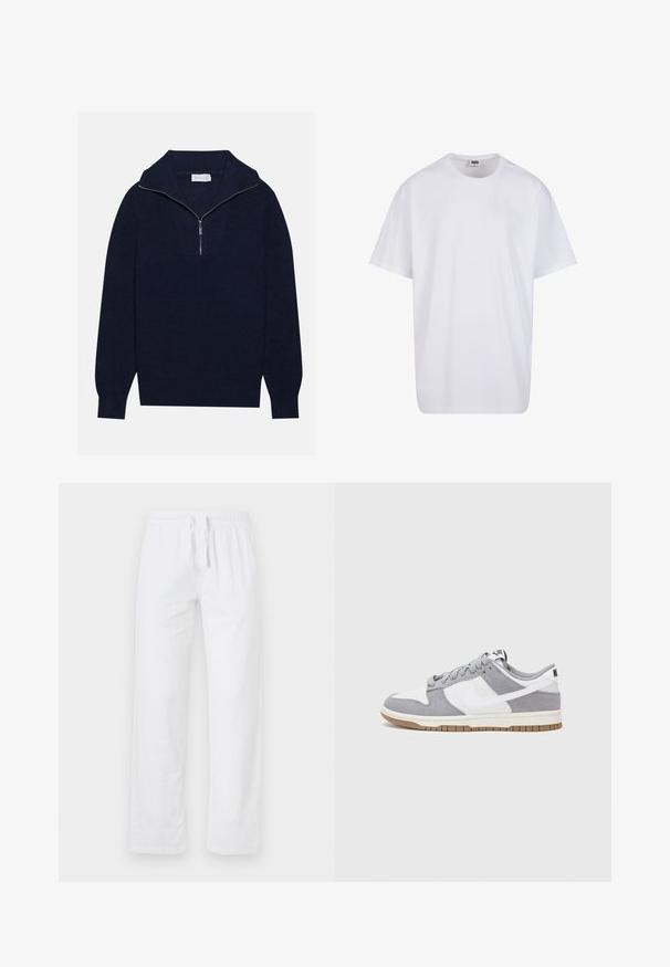 Pull en maille bleu marine avec un col zippé à moitié, présentant une texture côtelée et un design en V sur le devant. Manches longues et ourlet ajusté.; T-shirt en coton blanc avec des manches courtes, un col rond, une coupe décontractée et sans logos ni motifs visibles. Texture lisse et design minimaliste.; Pantalons en coton blancs légers, avec une taille élastique et un cordon de serrage ; présentent des jambes larges et une surface lisse et non texturée.; Les baskets Nike présentent une tige en daim gris et cuir blanc avec des perforations, des lacets ronds et une semelle en gomme pour une meilleure adhérence.