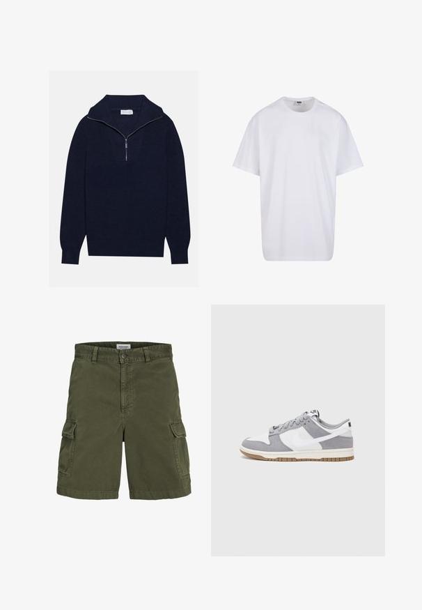 Marineblauwe gebreide trui met een halve ritssluiting, voorzien van een ribbelstructuur en een V-vormig ontwerp op de voorkant. Lange mouwen en een aansluitende zoom.; Witte katoenen t-shirt met korte mouwen, ronde hals, relaxte pasvorm en zonder zichtbare logo's of patronen. Gladde textuur en minimalistisch ontwerp.; Olijfgroene cargoshorts van katoen, met een ritssluiting, riemlussen, zijzakken en een rechte snit.; Grijze en witte sneaker met een bovenwerk van suede en leer, ronde neus, platte veters en een rubberen zool met een gumaccent.