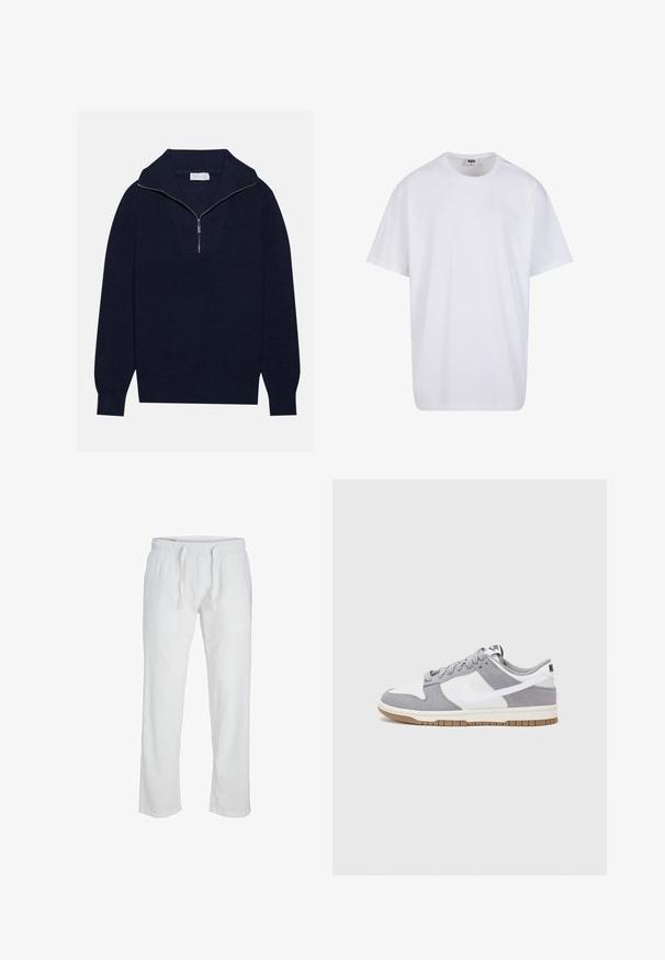 Pull en maille bleu marine avec un col zippé à moitié, présentant une texture côtelée et un design en V sur le devant. Manches longues et ourlet ajusté.; T-shirt en coton blanc avec des manches courtes, un col rond, une coupe décontractée et sans logos ni motifs visibles. Texture lisse et design minimaliste.; Jack & Jones JPSTKANE SUMMER JOGGER - Pantalon classique - bright white; Les baskets Nike présentent une tige en daim gris et cuir blanc avec des perforations, des lacets ronds et une semelle en gomme pour une meilleure adhérence.