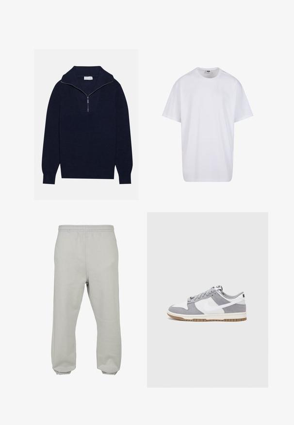 Tengerészkék kötött pulóver félcipzáros gallérral, bordás textúrával és V-alakú mintával az elején. Hosszú ujjú és testhez simuló szegéllyel rendelkezik.; Fehér pamut póló rövid ujjal, kerek nyakú, laza szabású, és nincsenek látható logók vagy minták. Simább textúra és minimalista dizájn.; Világosszürke melegítő nadrág, puha anyagból készült, rugalmas derékkal, szabott lábakkal és bordás mandzsettákkal a kényelmes viselet érdekében.; Szürke és fehér sportcipő, velúr és bőr felsőrésszel, kerek orral, lapos fűzőkkel és gumitalppal, amelyen rágógumi színű díszítés található.