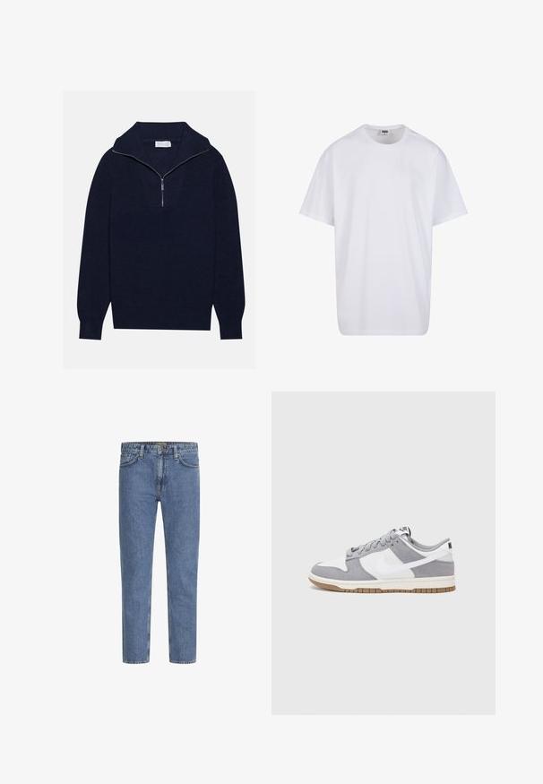 Merseyblu flettefleece med halv glidelås i kragen, med ribbestruktur og et V-formet design på forsiden. Lange ermer og tettsittende hem.; Valkoinen puuvillainen t-paita, jossa on lyhyet hihat, pyöreä kaula-aukko, rento istuvuus ja ei näkyviä logoja tai kuvioita. Sileä pinta ja minimaalinen muotoilu.; Vaaleansiniset farkut suora lahjemalli, viisi taskua ja kontrastisaumurit. Hieman haalistuneet kuluneen ilmeen saavuttamiseksi. Paksu metallinen nappi.; Harmaa ja valkoinen lenkkari, jossa on mokka- ja nahkapinta, pyöreä kärki, litteät nauhat ja kumipohja, jossa on vaahtomuoviväri.