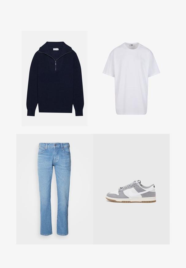 Merseyblu flettefleece med halv glidelås i kragen, med ribbestruktur og et V-formet design på forsiden. Lange ermer og tettsittende hem.; Valkoinen puuvillainen t-paita, jossa on lyhyet hihat, pyöreä kaula-aukko, rento istuvuus ja ei näkyviä logoja tai kuvioita. Sileä pinta ja minimaalinen muotoilu.; Vaaleansiniset suorat farkut, jotka on valmistettu denimestä ja joissa on viisi taskua, nappisuljenta ja hienovarainen haalistuminen tekstuurin luomiseksi. Ei näkyvää bränttiä.; Harmaa ja valkoinen lenkkari, jossa on mokka- ja nahkapinta, pyöreä kärki, litteät nauhat ja kumipohja, jossa on vaahtomuoviväri.