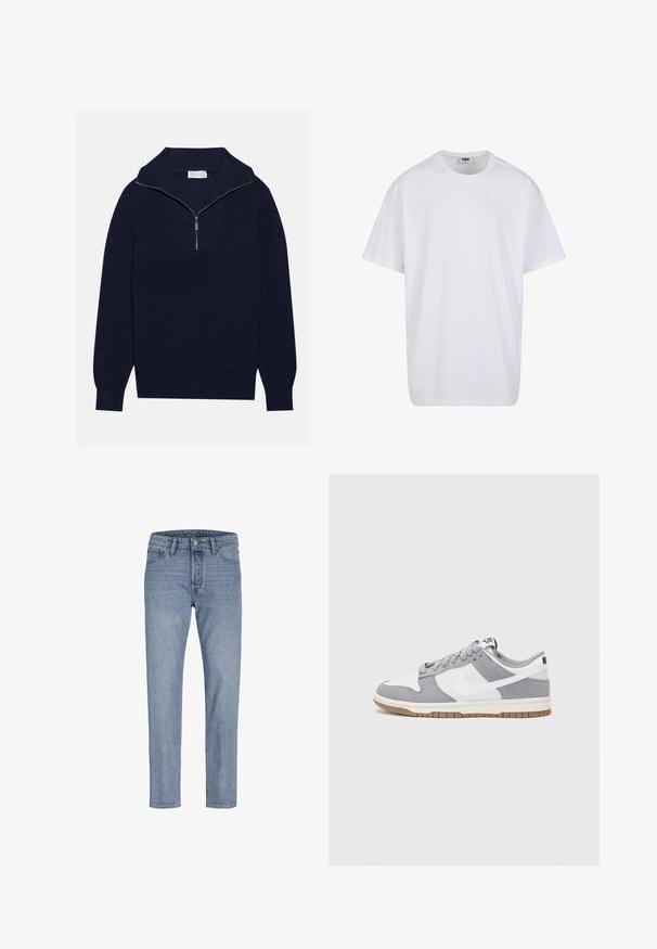 Pull en maille bleu marine avec un col zippé à moitié, présentant une texture côtelée et un design en V sur le devant. Manches longues et ourlet ajusté.; T-shirt en coton blanc avec des manches courtes, un col rond, une coupe décontractée et sans logos ni motifs visibles. Texture lisse et design minimaliste.; Jeans en denim bleu clair avec une coupe droite, design à cinq poches, coutures piquées et fermeture à bouton à la taille.; Baskets grises et blanches avec un dessus en suède et cuir, bout rond, lacets plats et semelle en caoutchouc avec une touche de gomme.