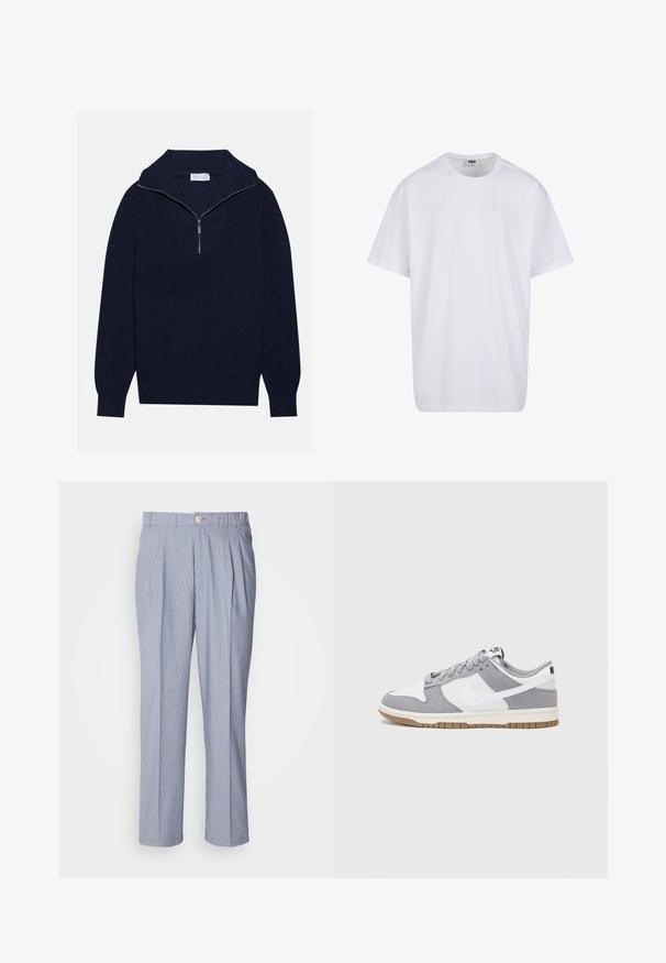 Námornícky modrý pletený sveter s polozipsom, s rebrovanou textúrou a V-tvarom na prednej strane. Dlhé rukávy a priliehavý lem.; Biela bavlnená tričko s krátkymi rukávmi, okrúhlym výstrihom, uvoľneným strihom a žiadnymi viditeľnými logami alebo vzormi. Hladká textúra a minimálny dizajn.; Prúžkované nohavice v svetlom modrom a bielom prevedení, s gombíkovým zapínaním, prehnutým predným dielom a priamym strihom. Hladká textúra látky.; Sivé a biele tenisky s vrchom z semišu a kože, zaoblenou špičkou, plochými šnúrkami a gumovou podrážkou s akcentom vo farbe gumy.
