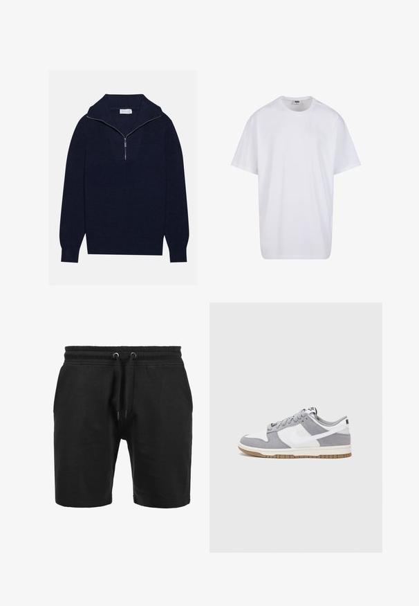Tengerészkék kötött pulóver félcipzáros gallérral, bordás textúrával és V-alakú mintával az elején. Hosszú ujjú és testhez simuló szegéllyel rendelkezik.; Fehér pamut póló rövid ujjal, kerek nyakú, laza szabású, és nincsenek látható logók vagy minták. Simább textúra és minimalista dizájn.; Fekete, texturált anyagból készült rövidnadrág. Jellemzője az elasztikus derékpánt húzózsinórral, valamint oldalzsebekkel. Egyszerű, egyenes vonalú dizájn.; Szürke és fehér sportcipő, velúr és bőr felsőrésszel, kerek orral, lapos fűzőkkel és gumitalppal, amelyen rágógumi színű díszítés található.