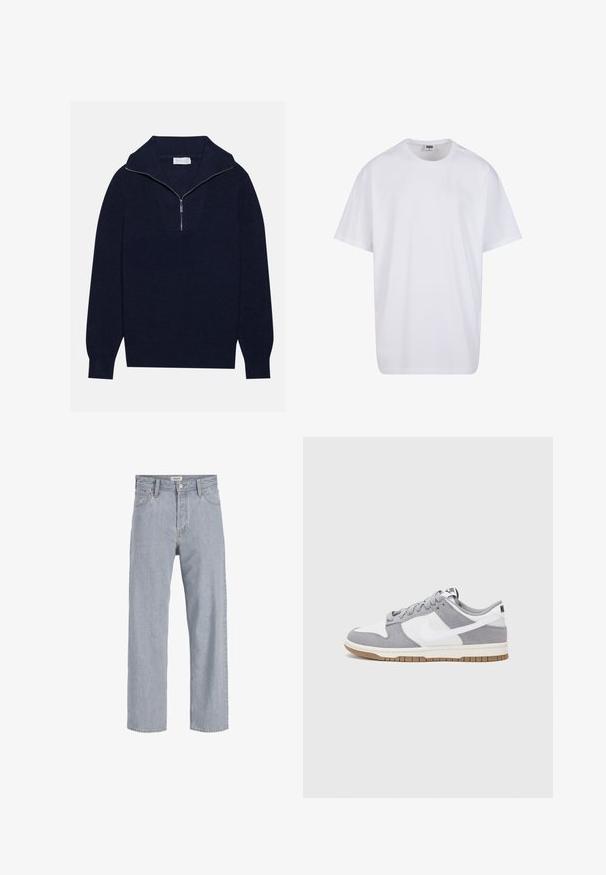 Tumed sinise kudumisega sviiter poole luku kaelusega, mis sisaldab ribakujulist tekstuuri ja V-kujulist disaini esiosas. Pikad varrukad ja kitsasäär.; Valge puuvillane t-särk lühikeste varrukatega, ümmarguse kaelusega, lõdva lõikega ja ilma nähtavate logodeta või mustriteta. Sile tekstuur ja minimaalne disain.; Heledad sinine teksapüksid, millel on mugav lõige, sirged sääred, nähtavad õmblused, kaks eesmist taskut ja nööbkinnisega sulgemine.; Halli ja valge tennis鞋, millel on nubuk- ja nahkdetailid, ümar varvas, lamedad nöörid ning kummist tald, millel on kola aktsent.