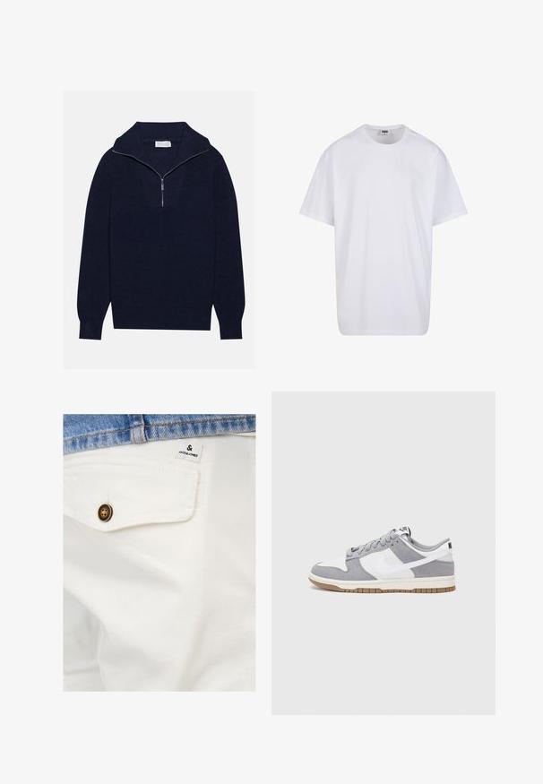 Dunkelblaues Strickpullover mit einem halben Reißverschluss-Kragen, der eine gerippte Textur und ein V-förmiges Design auf der Vorderseite bietet. Lange Ärmel und taillierter Saum.; Weiße Baumwoll-T-Shirt mit kurzen Ärmeln, rundem Ausschnitt, lockerer Passform und ohne sichtbare Logos oder Muster. Glatte Textur und minimalistisches Design.; Weiße Baumwollshorts mit einer Vordertasche, ausgestattet mit einem braunen Knopf und einem kleinen JACK & JONES-Label in der Nähe des Bundes.; Graue und weiße Sneaker mit einem Obermaterial aus Wildleder und Leder, abgerundeter Spitze, flachen Schnürsenkeln und einer Gummisohle mit einem Kautschukakzent.