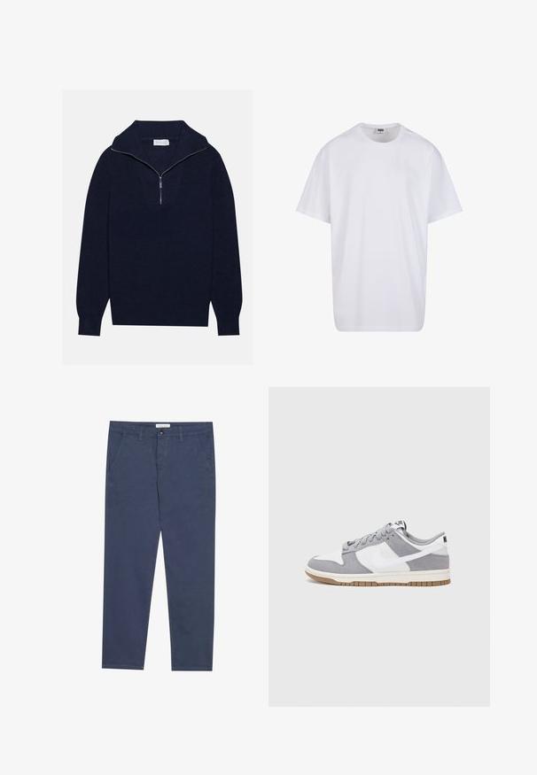Námorně modrý pletený svetr s polo zipem na límci, s vroubkovanou texturou a V-šikmým designem na přední straně. Dlouhé rukávy a přiléhavý lem.; Bílé triko z bavlny s krátkým rukávem, kulatým výstřihem, volným střihem a bez viditelných log či vzorů. Hladká textura a minimalistický design.; Námořnické modré bavlněné chinos kalhoty se rovný střihem, dvěma předními kapsami a jemnými detaily šití, vybavené páskem s knoflíkovým zapínáním.; Tenisky Nike mají šedý semišový a bílý kožený svršek s perforacemi, kulaté tkaničky a gumovou podrážku pro lepší trakci.