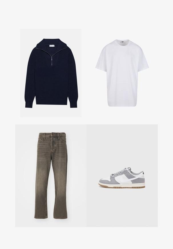 Mornarčasto plavi pleteni pulover s polu-zip ovratnikom, s rebrastom teksturom i dizajnom u obliku slova V na prednjoj strani. Dugi rukavi i prilagođeni rub.; Bijela pamučna majica s kratkim rukavima, zaobljenim izrezom, opuštenog kroja, bez vidljivih logotipa ili uzoraka. Glatka tekstura i minimalni dizajn.; Smeđe traperice s ravnim nogavicama, koje imaju izblijedjeli izgled, tradicionalni stil s pet džepova i zatvaranje na metalnu tipku.; Sivi i bijeli tenisice s gornjištem od antilopa i kože, okruglim vrhom, ravnim vezicama i gumenim potplatom s dodatkom boje gume.